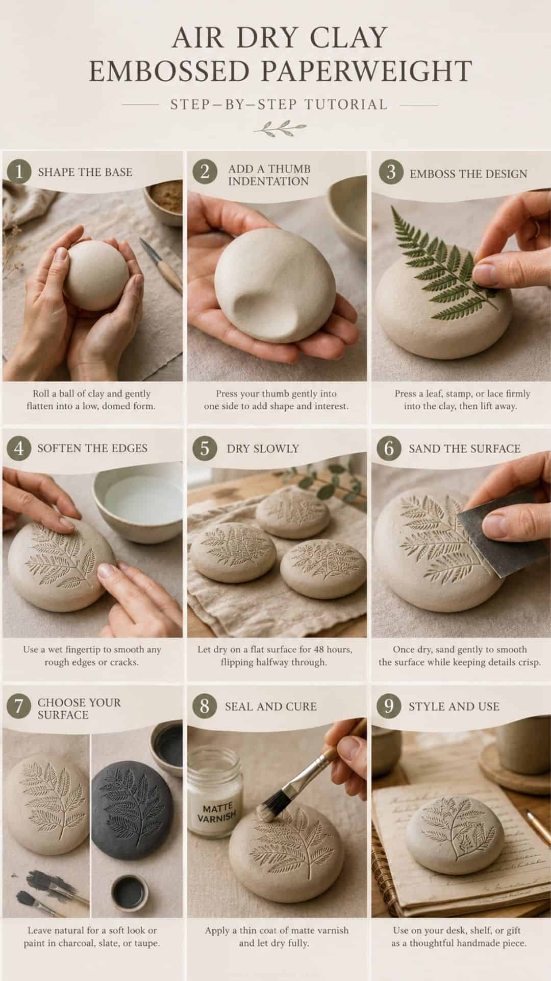 handmade embossed air dry clay paperweight with botanical leaf texture, styled in soft neutral tones