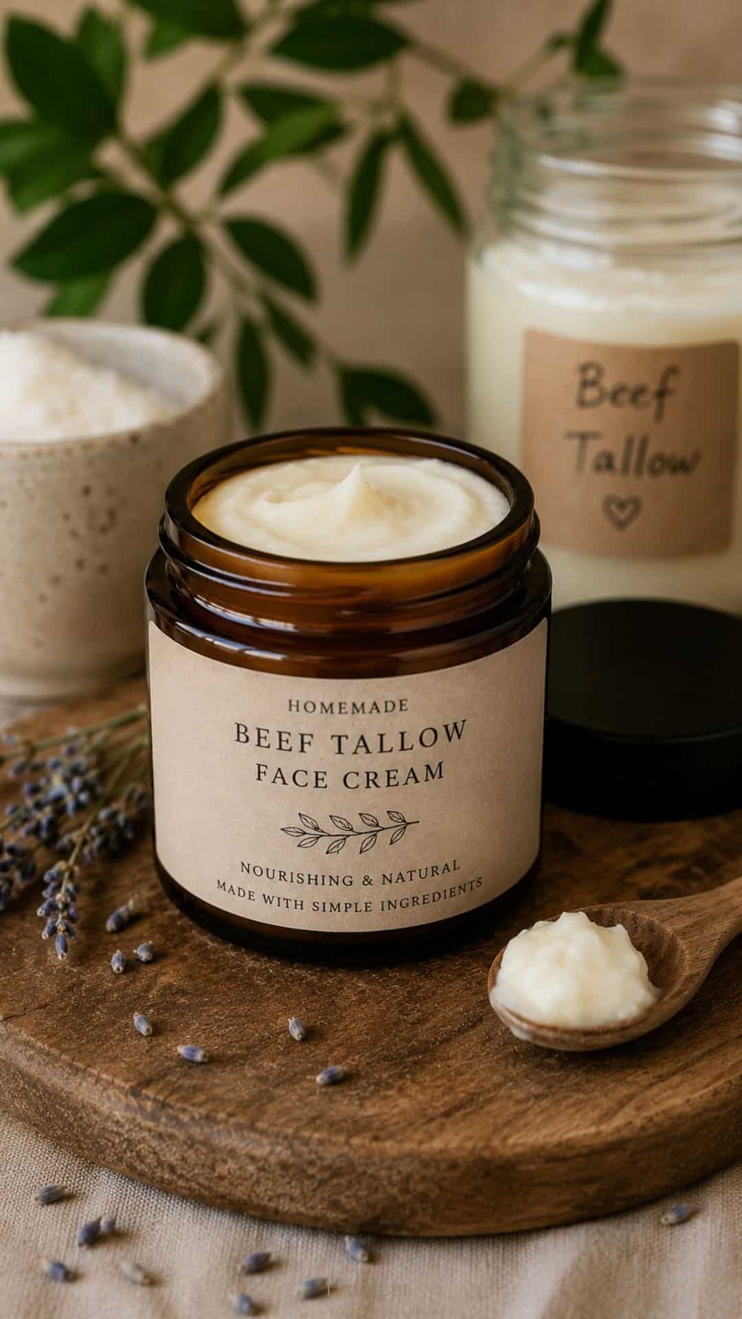 diy beef tallow face cream in glass jars
