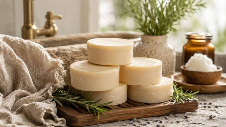 handmade beef tallow shampoo bars stacked on a wooden soap dish beside fresh rosemary sprigs, linen fabric, amber jars, and a stone sink