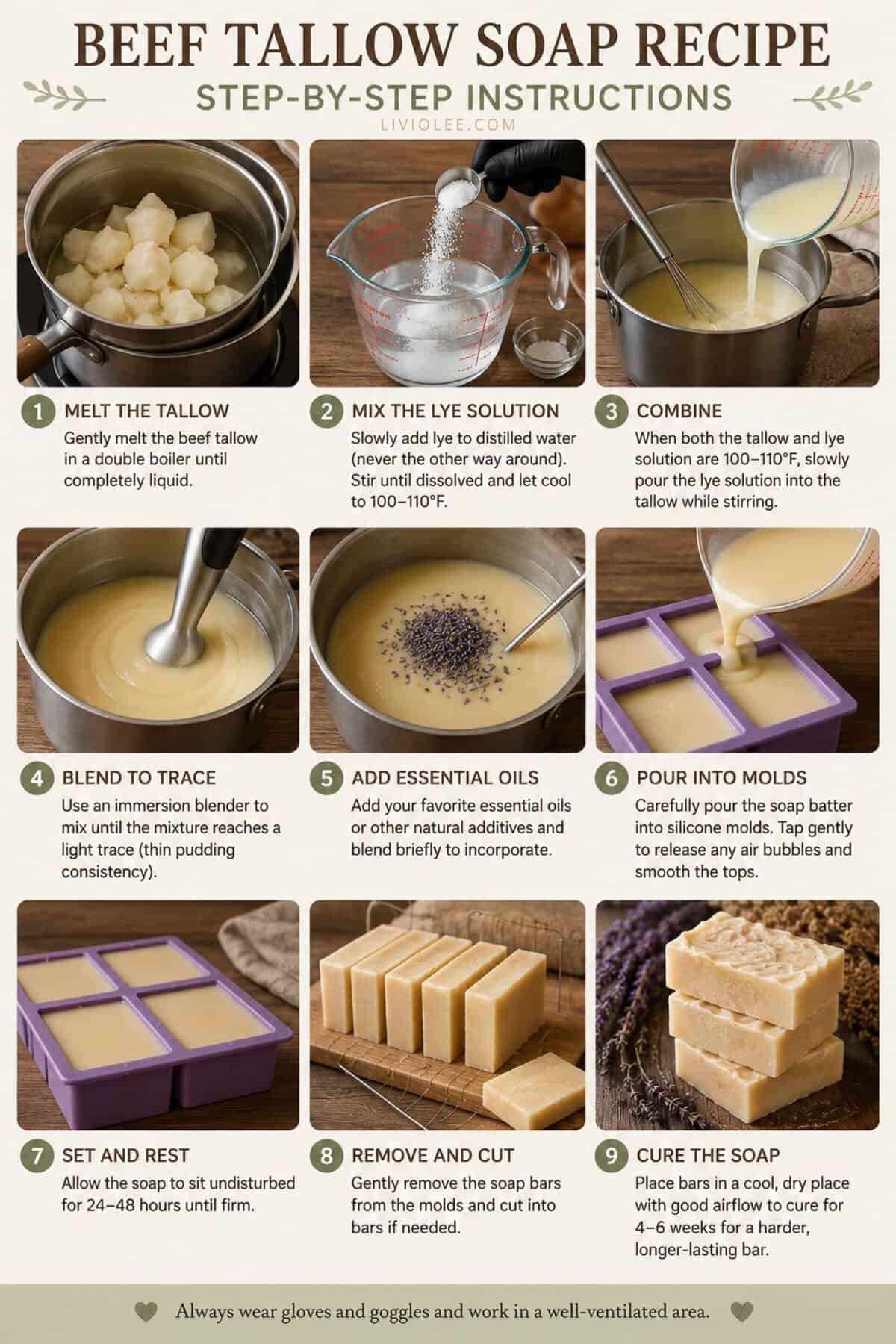 Step-by-step infographic showing how to make beef tallow soap, including melting tallow, mixing lye, blending soap batter, pouring into molds, cutting bars, and curing the finished soap.