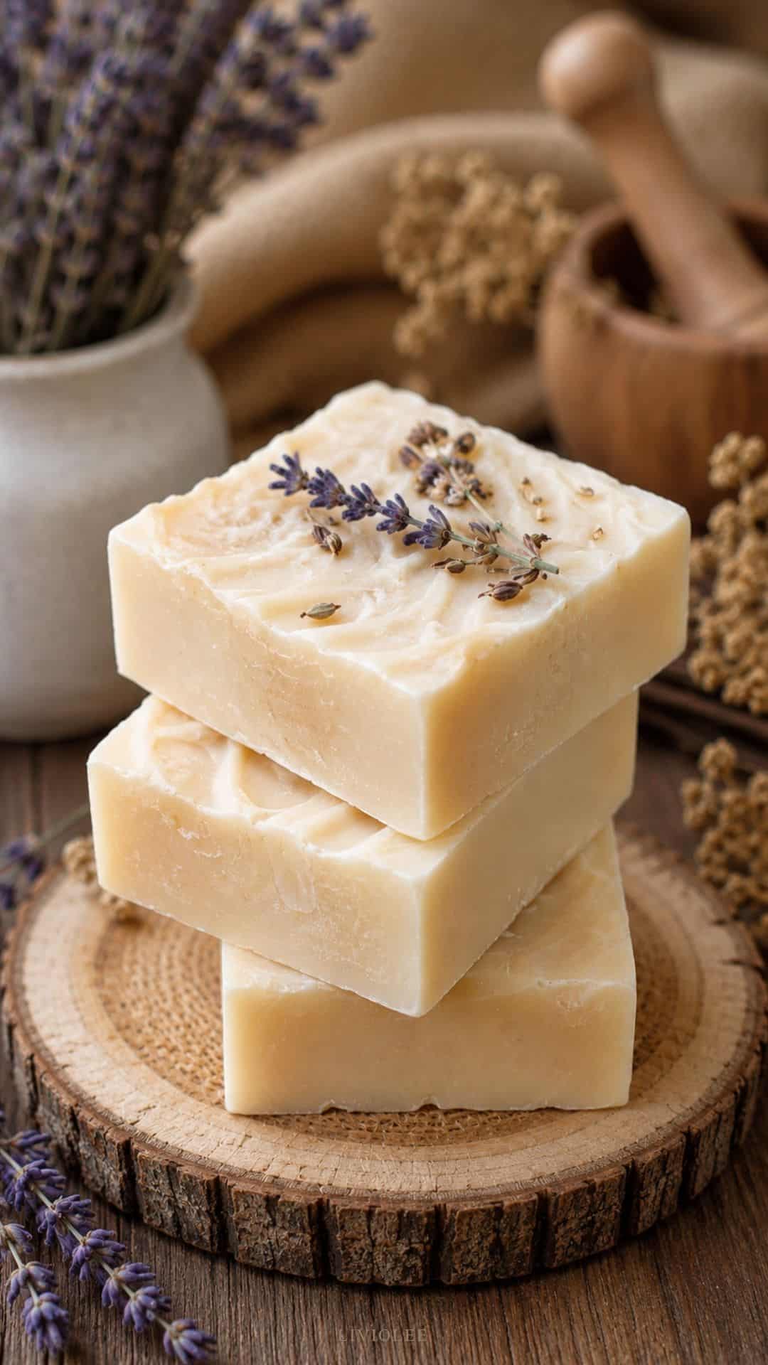 handmade beef tallow soap bars stacked on a rustic wooden surface with lavender accents