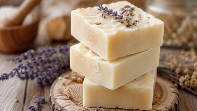 handmade beef tallow soap bars stacked on a rustic wooden surface with lavender accents