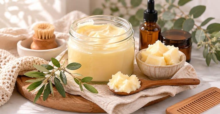 Natural beef tallow in glass jar with handmade soap bars, balms, and amber bottles