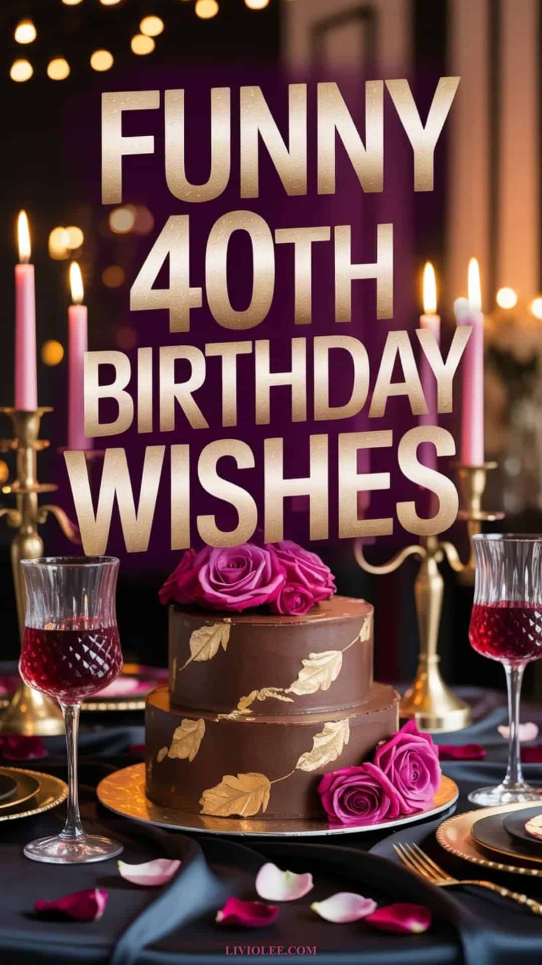 Funny 40th birthday wishes with elegant cake and bold birthday styling