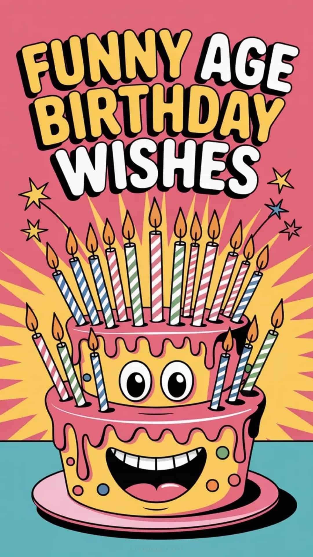 Funny age birthday wishes with cake full of candles and colorful background