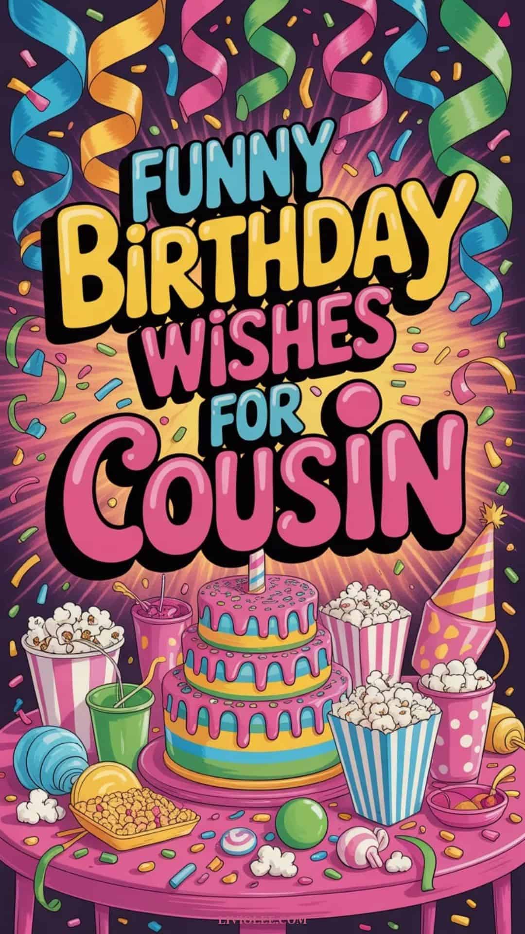 Funny birthday wishes for cousin with colorful confetti and party vibe