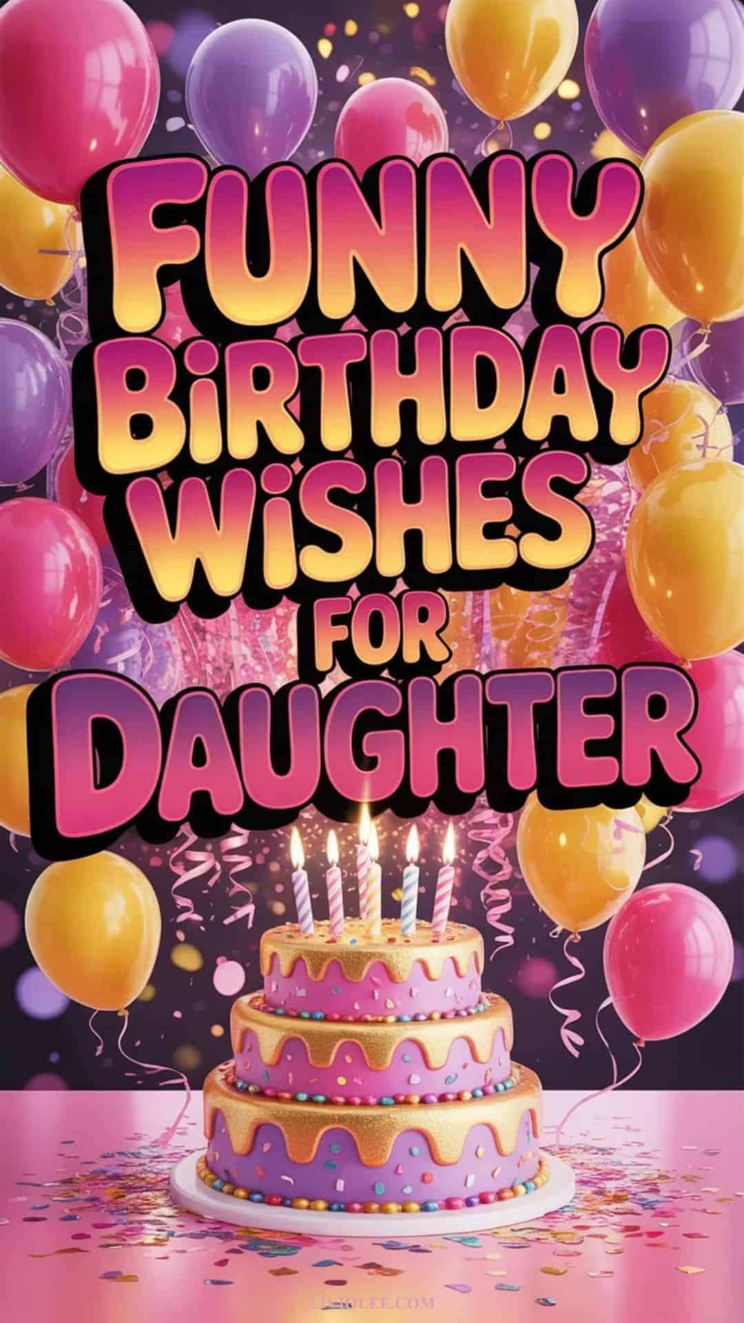Funny birthday wishes for daughter with colorful balloons and playful party design
