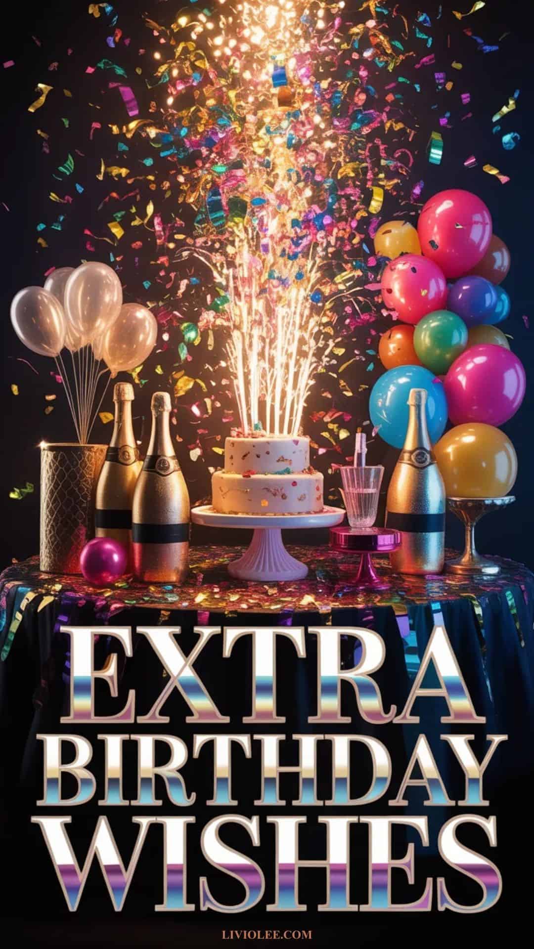 Extra dramatic funny birthday wishes with bold confetti and vibrant party styling