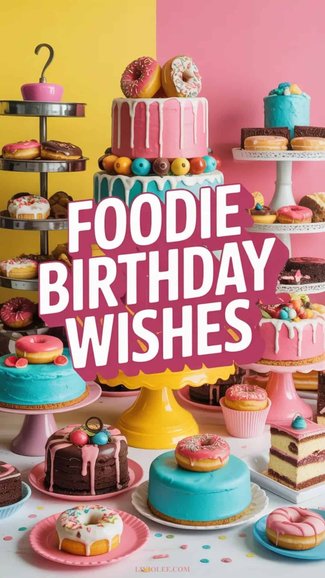 Food themed funny birthday wishes with cakes and desserts in bright colorful setup