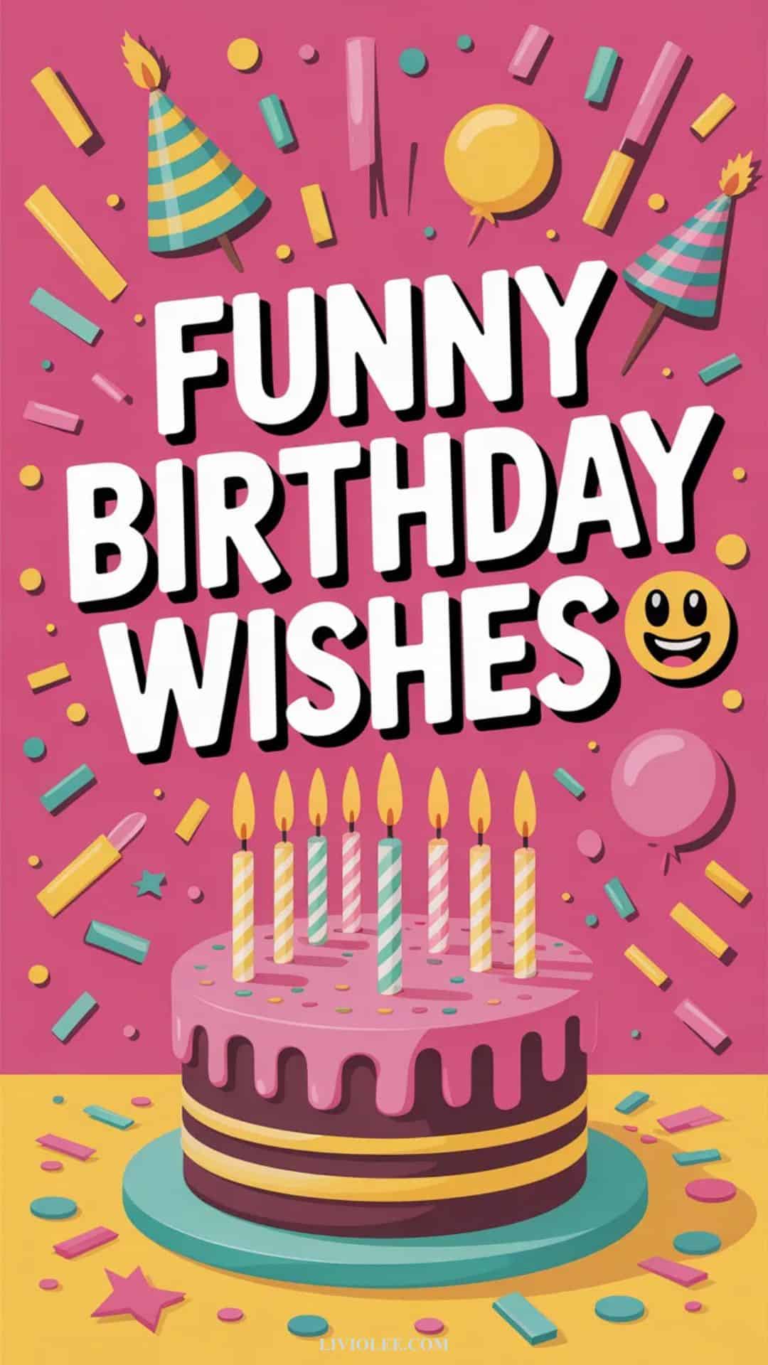 Funny birthday wishes text overlay on bright colorful cake and confetti background