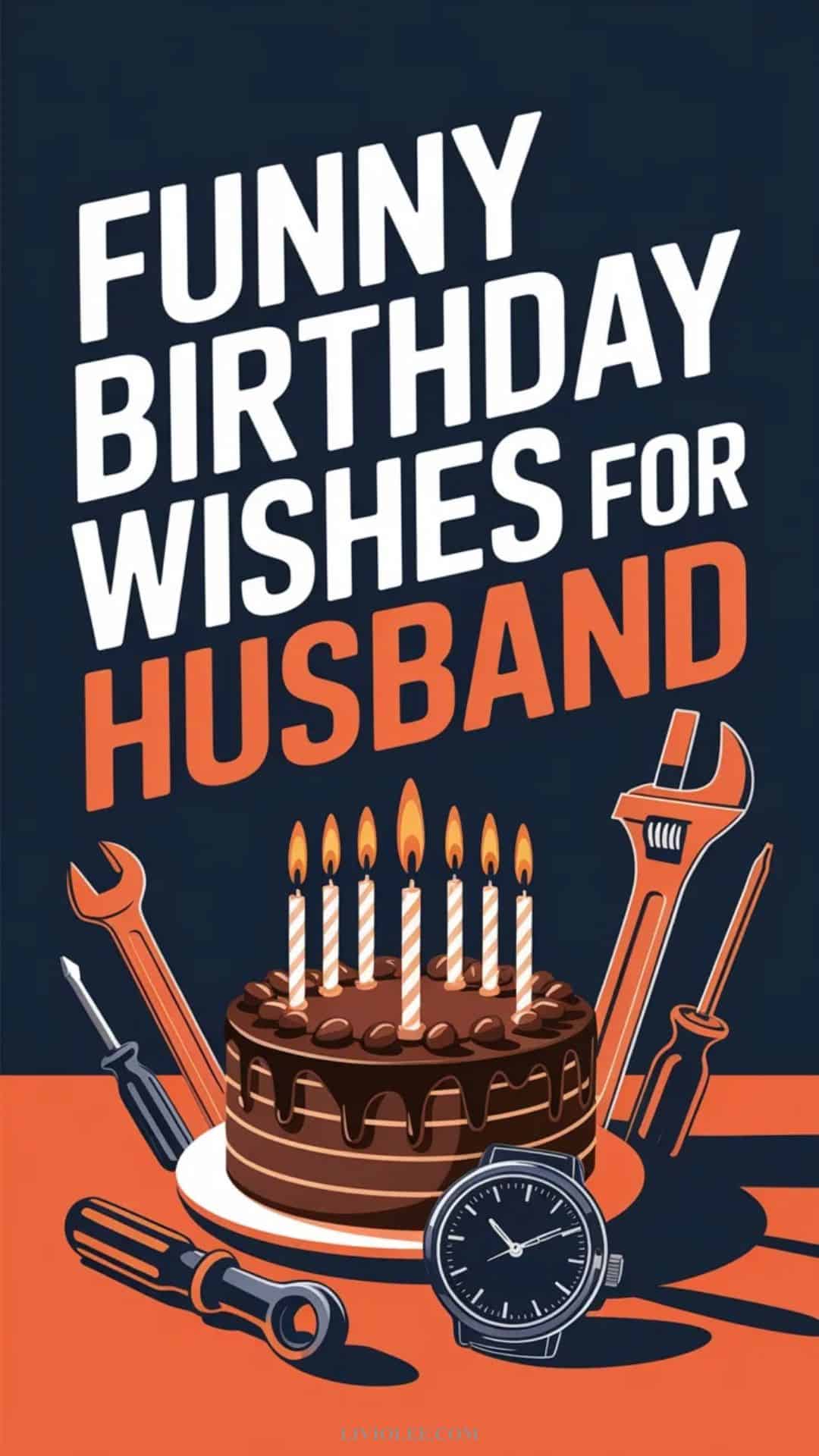 Funny birthday wishes for husband with bold text on masculine birthday theme