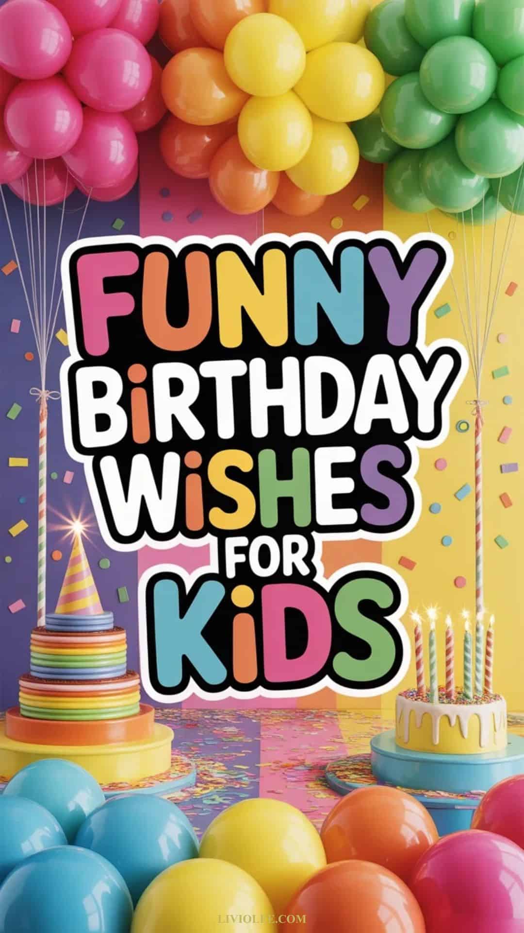 Funny birthday wishes for kids with bright balloons and playful party background