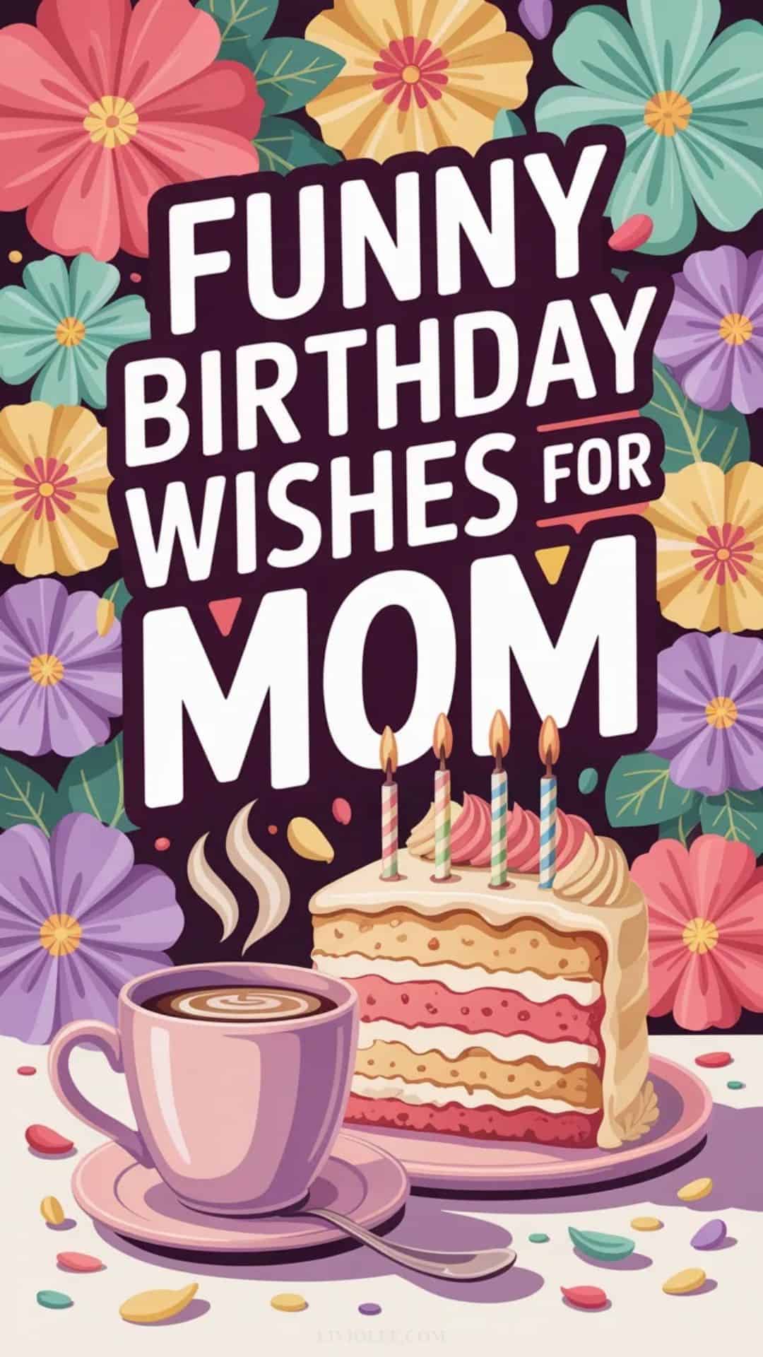 Funny birthday wishes for mom with floral cake and bright feminine design
