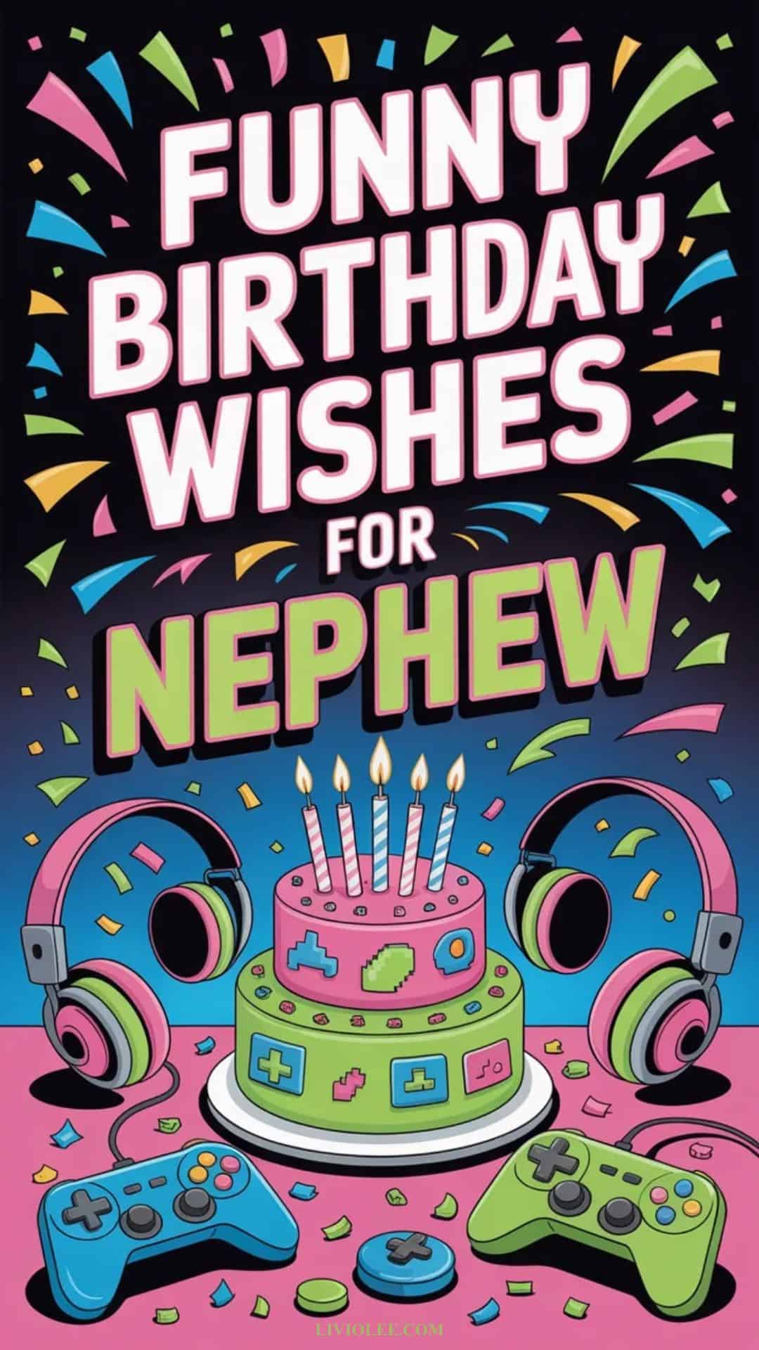 Funny birthday wishes for nephew with bright fun party decorations and cake