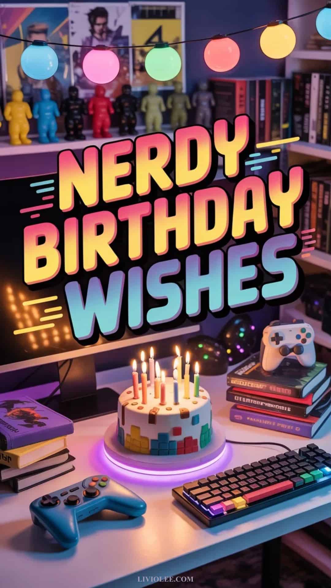 Nerdy funny birthday wishes with gaming and fun geek themed birthday design