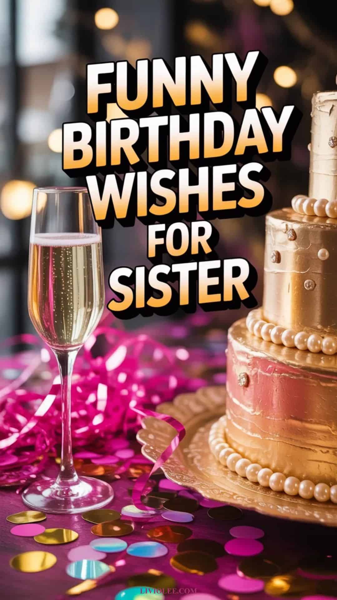 Funny birthday wishes for sister with stylish cake and bright glam birthday theme