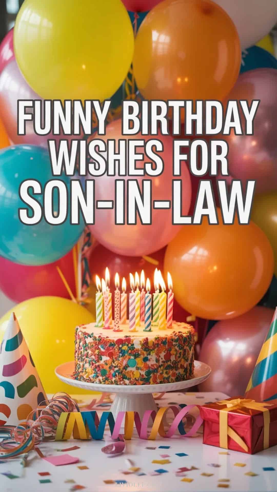 Funny birthday wishes for son-in-law with cheerful party background and cake