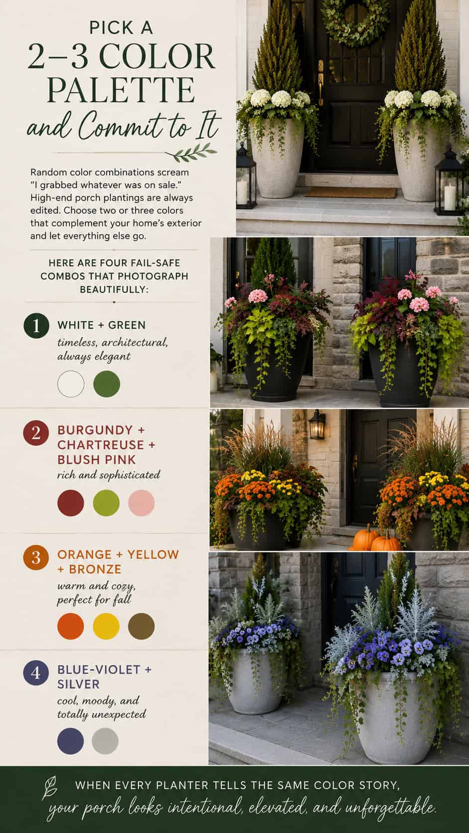 Elegant evergreen front porch planters featuring boxwood, Japanese holly, dwarf Alberta spruce, agave, and bay laurel trees arranged in modern neutral containers by a black front door.