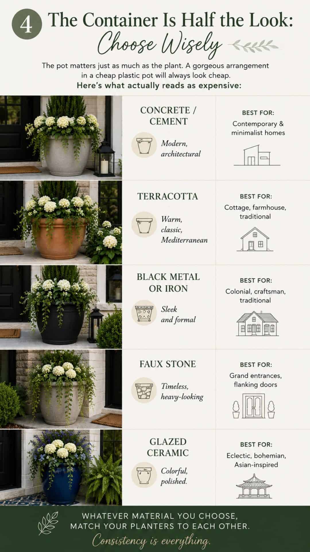 front porch planter materials including concrete, terracotta, black metal, faux stone, and glazed ceramic with examples of stylish container arrangements for different home styles
