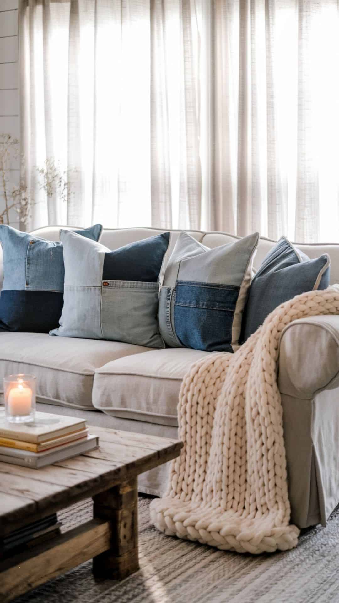 completed diy denim throw pillow and knitted throw on a lounge