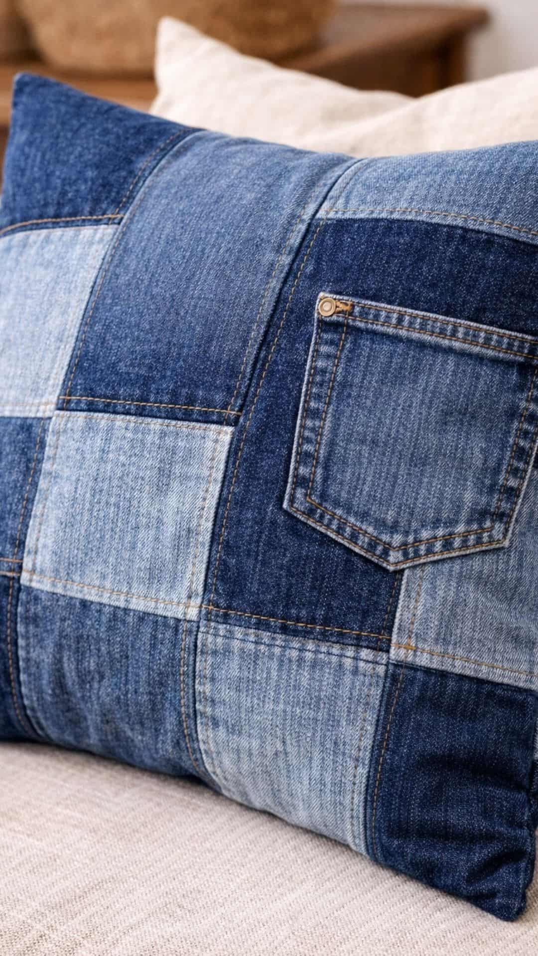 completed diy denim throw pillow