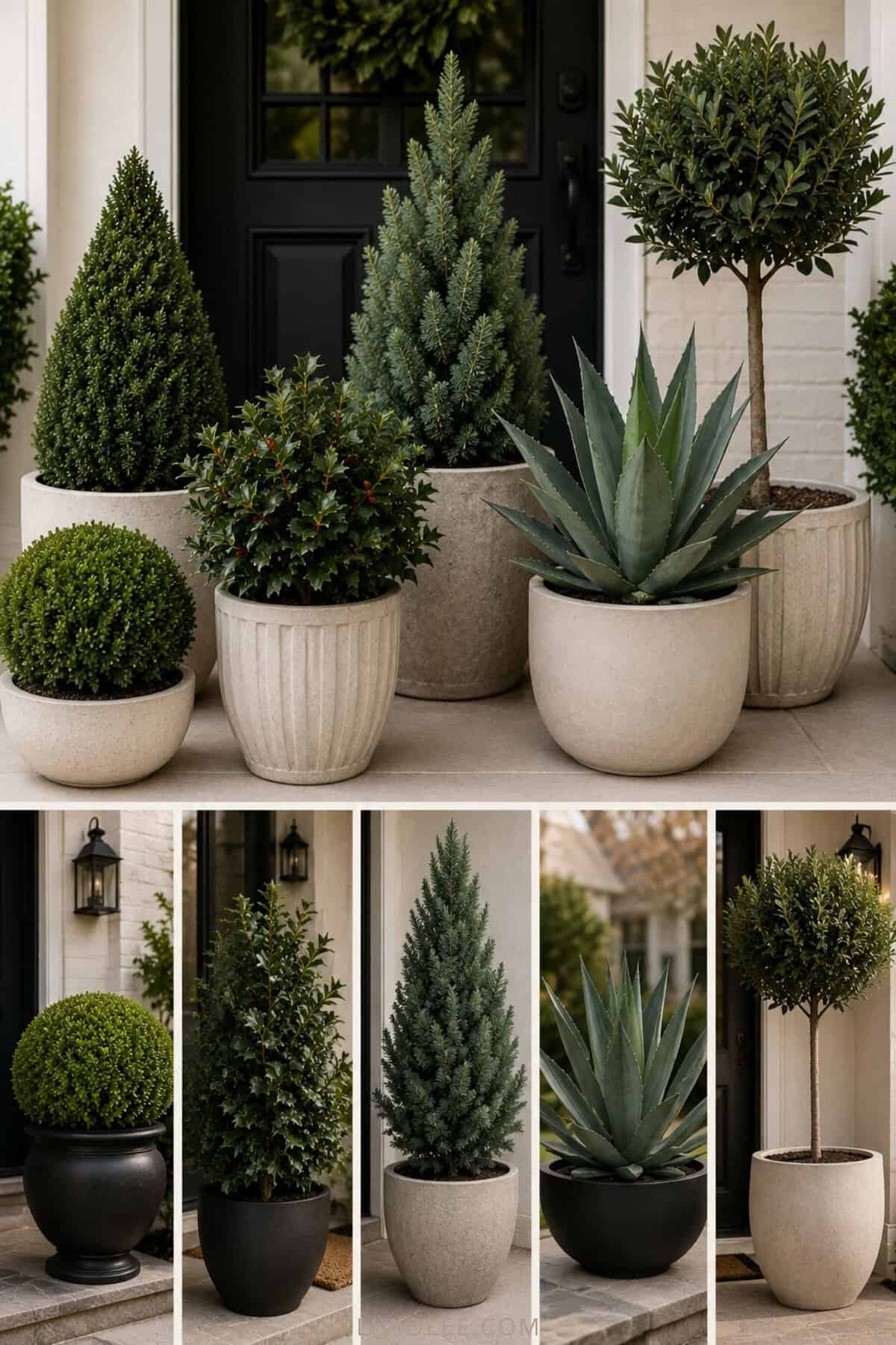 Styled front porch with layered outdoor planters, oversized pots, flowering plants, and lush greenery arranged at different heights beside a modern front door for elegant curb appeal.