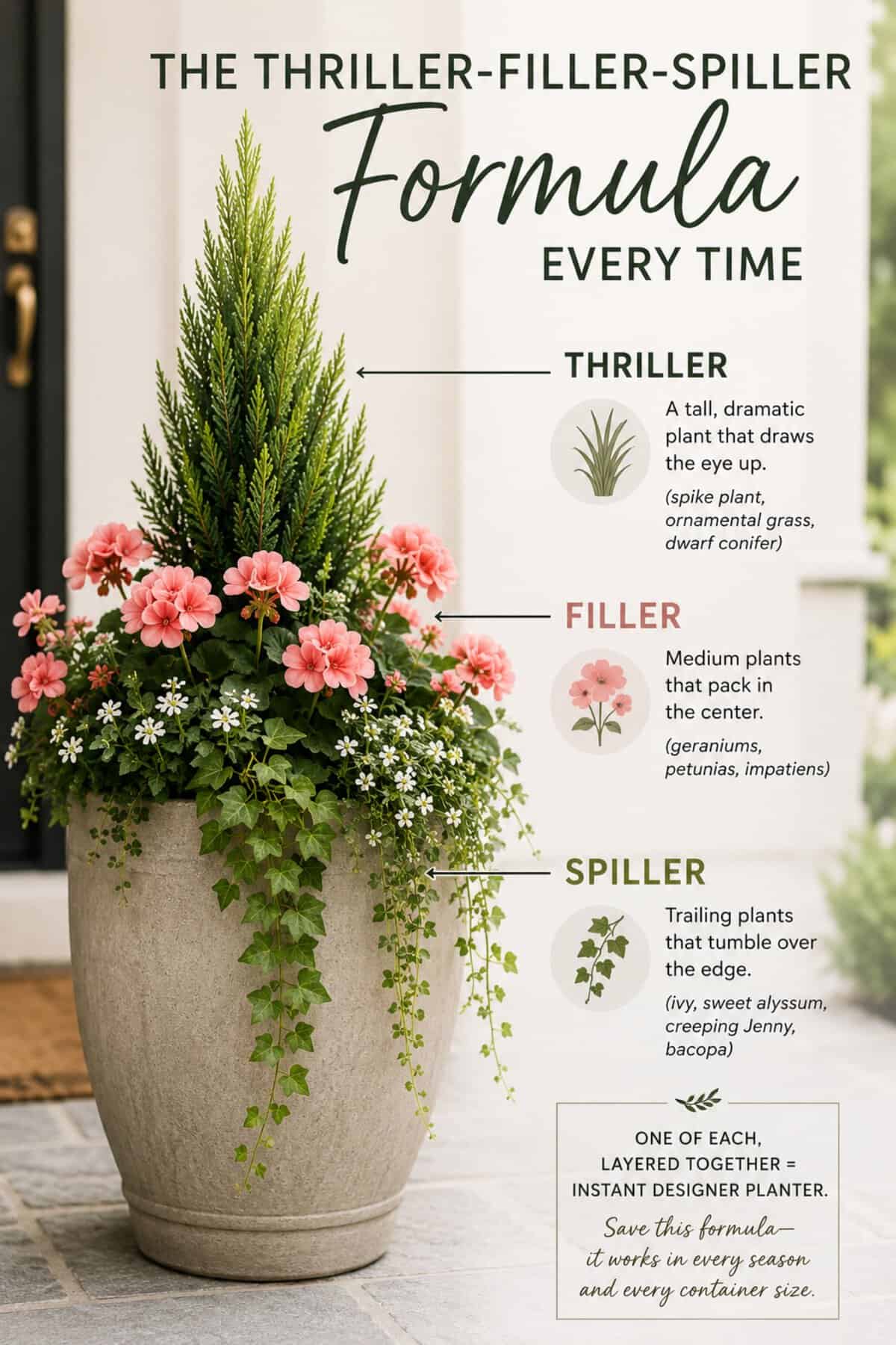 Infographic showing the thriller-filler-spiller planter formula with a tall evergreen centerpiece, pink filler flowers, and trailing ivy in a large stone planter on a front porch.