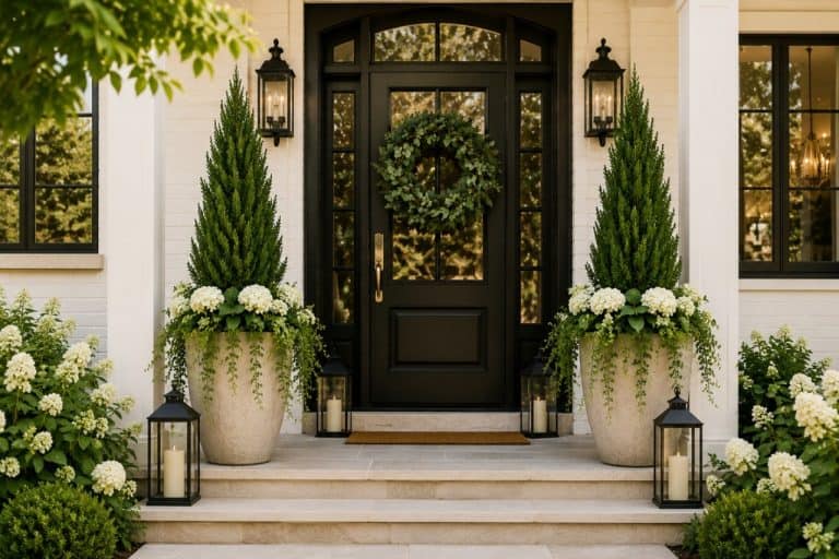 Elegant front porch with oversized stone-look planters, tall evergreen trees, white hydrangeas, black lanterns, and a dramatic black front door styled for a luxurious curb appeal look.