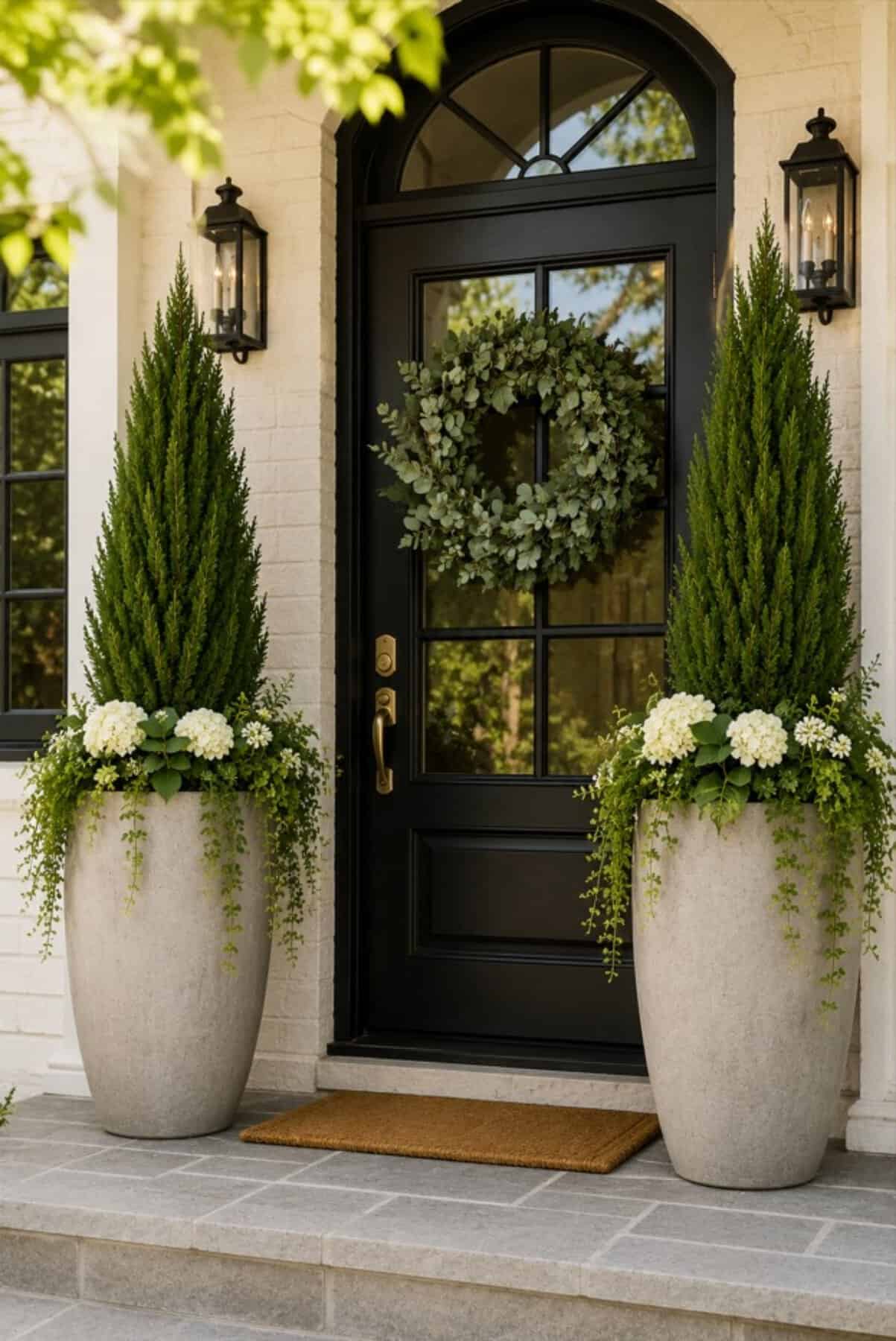 Elegant front porch with oversized stone-look planters, tall evergreen trees, white hydrangeas, black lanterns, and a dramatic black front door styled for a luxurious curb appeal look.