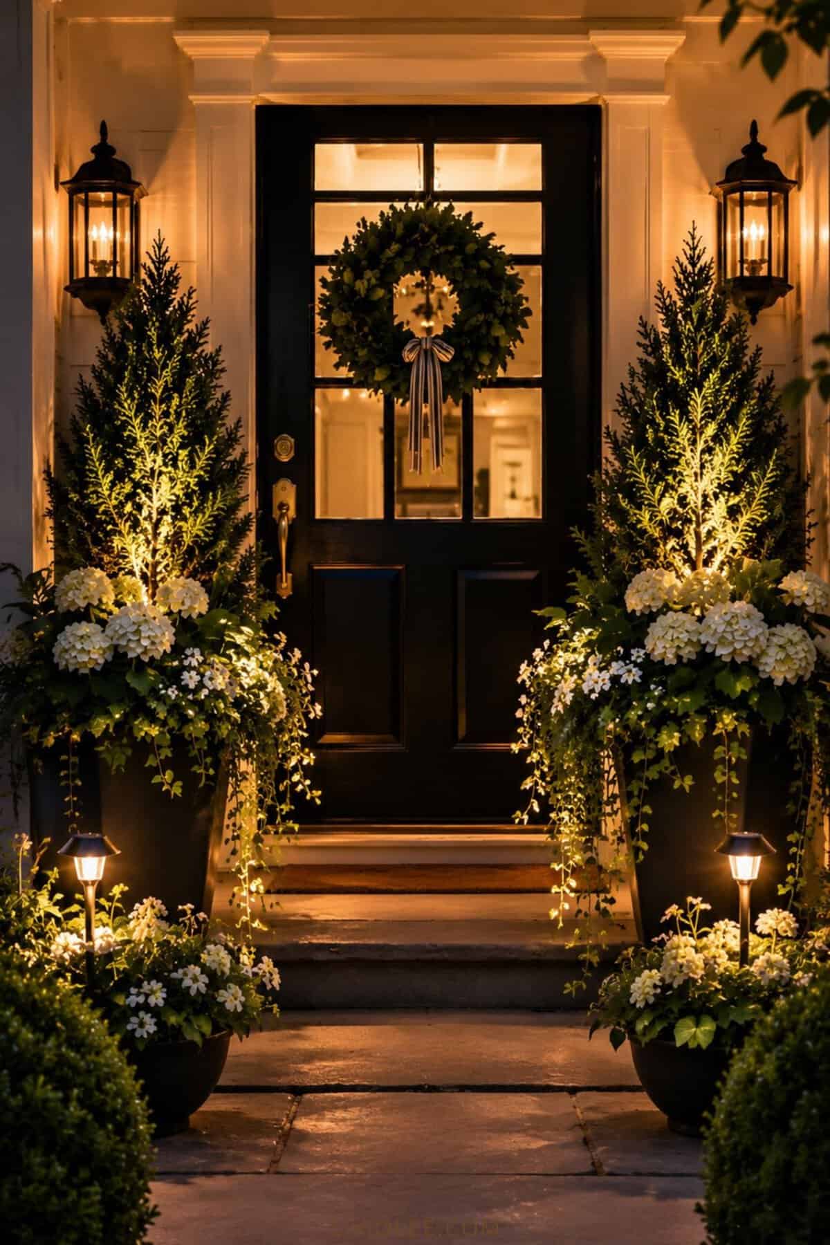 Front porch planters illuminated at night with warm uplighting, solar stake lights, white flowers, evergreen trees, and a glowing black front door creating elegant boutique-hotel curb appeal.