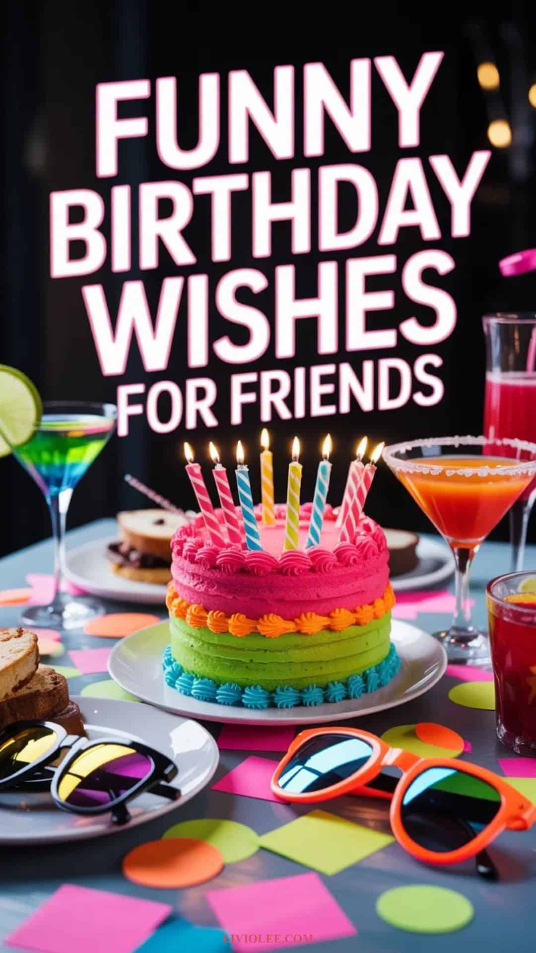 Witty and funny birthday wishes for friends with bold text on vibrant party background