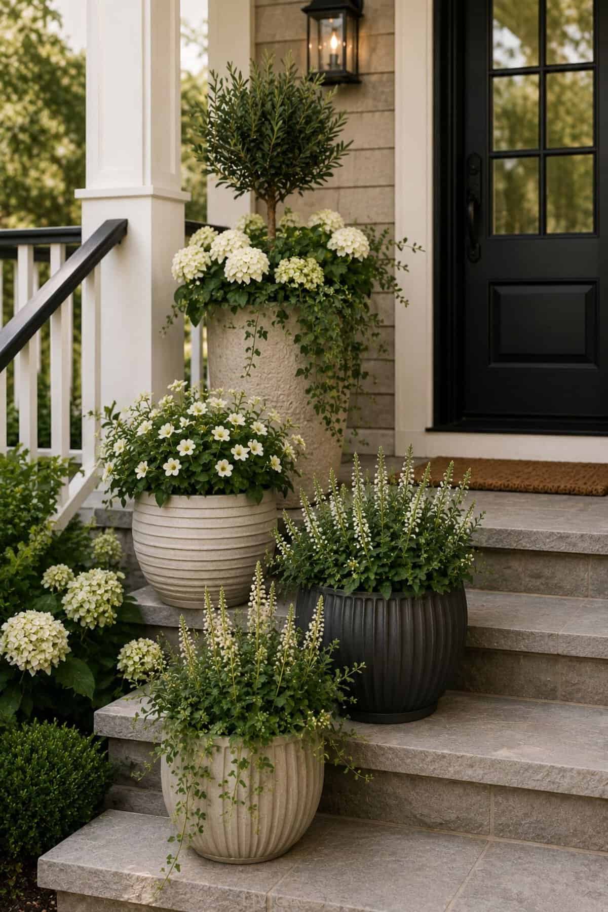Front porch steps styled with layered planter groupings in different sizes and textures, featuring white flowers, greenery, and a modern black front door for elegant curb appeal.