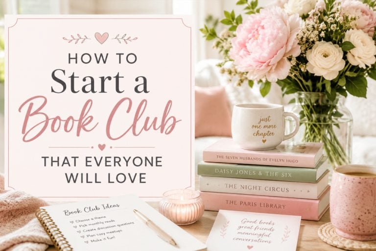 how to start a book club - cozy feminine reading nook with pastel books, pink flowers, candles, coffee mugs, and soft warm lighting.