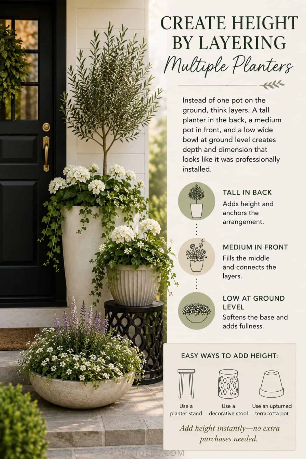 Layered front porch planter arrangement with tall statement pots, medium floral containers, and low bowl planters styled at different heights using greenery, flowers, and decorative stands for added depth.