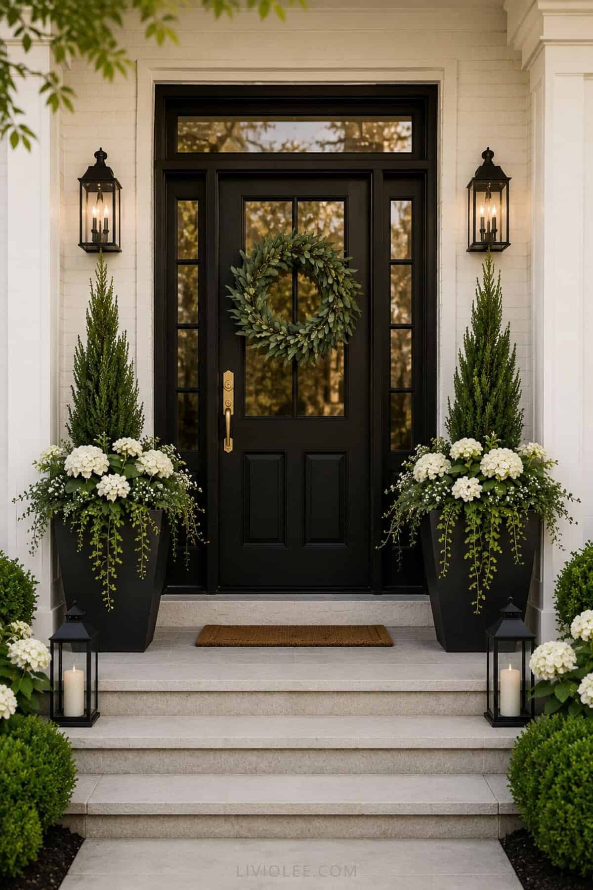 Elegant symmetrical front porch with matching black planters, white hydrangeas, trailing greenery, lantern lighting, and a modern black front door creating upscale curb appeal.