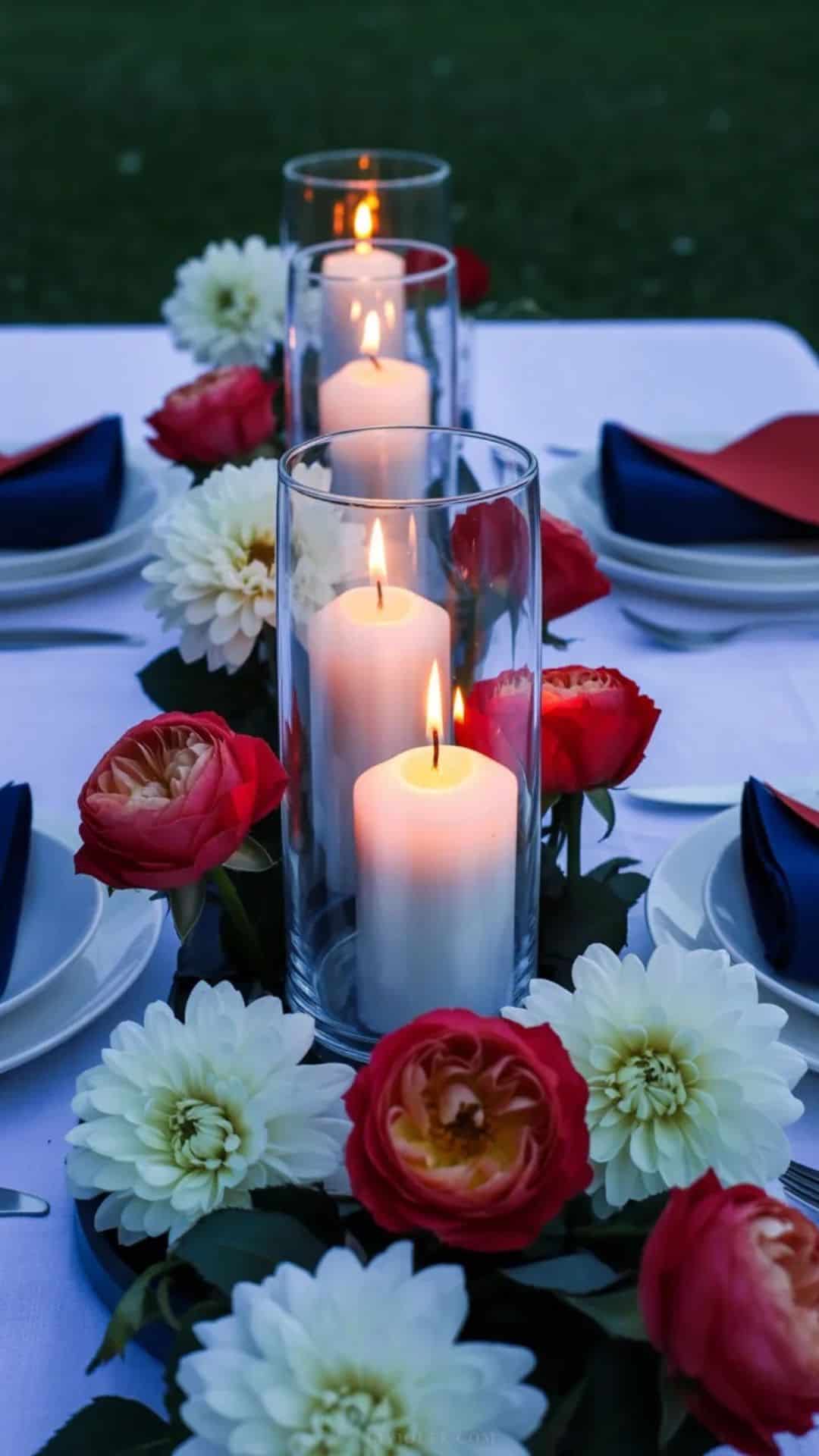 A Memorial Day dinner table by candlelight — white pillar candles, red garden roses, and deep navy napkins in warm evening light