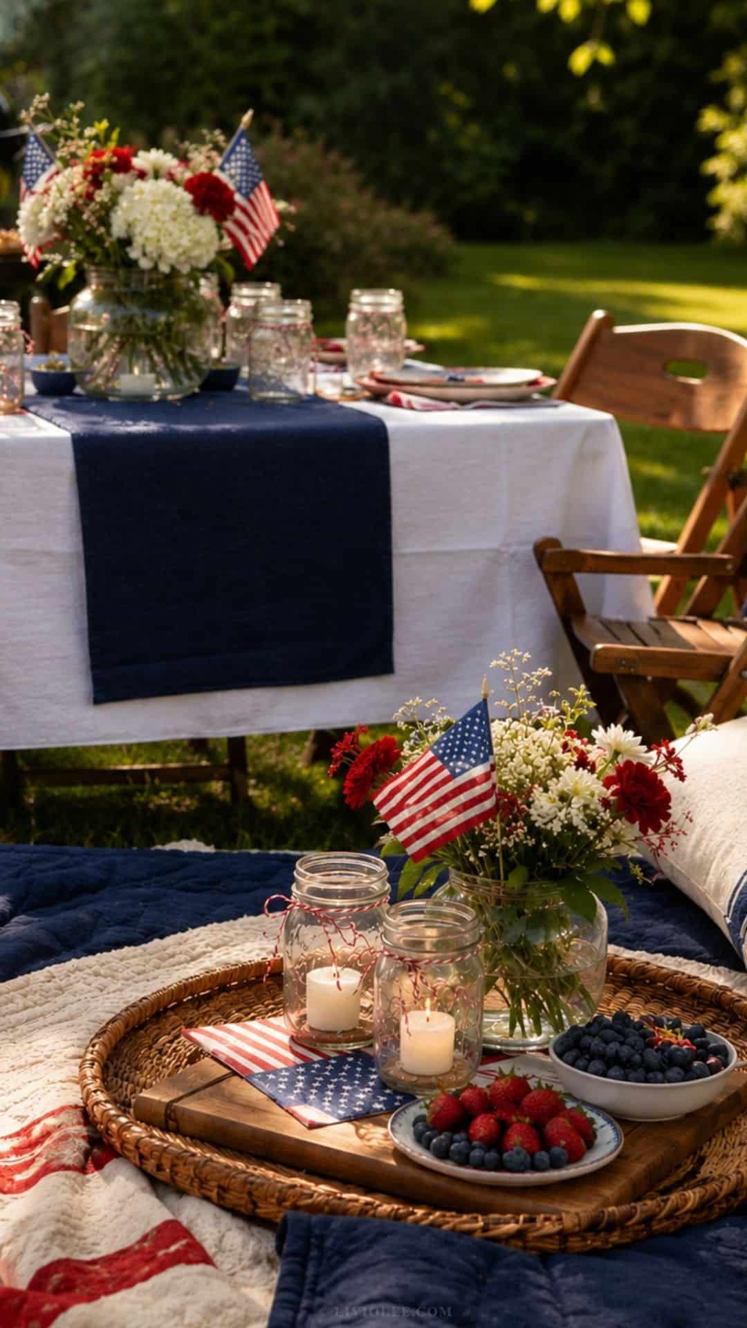 An outdoor Memorial Day table styled with a white tablecloth, navy runner, and mason jars tied with red-and-white twine, flowers