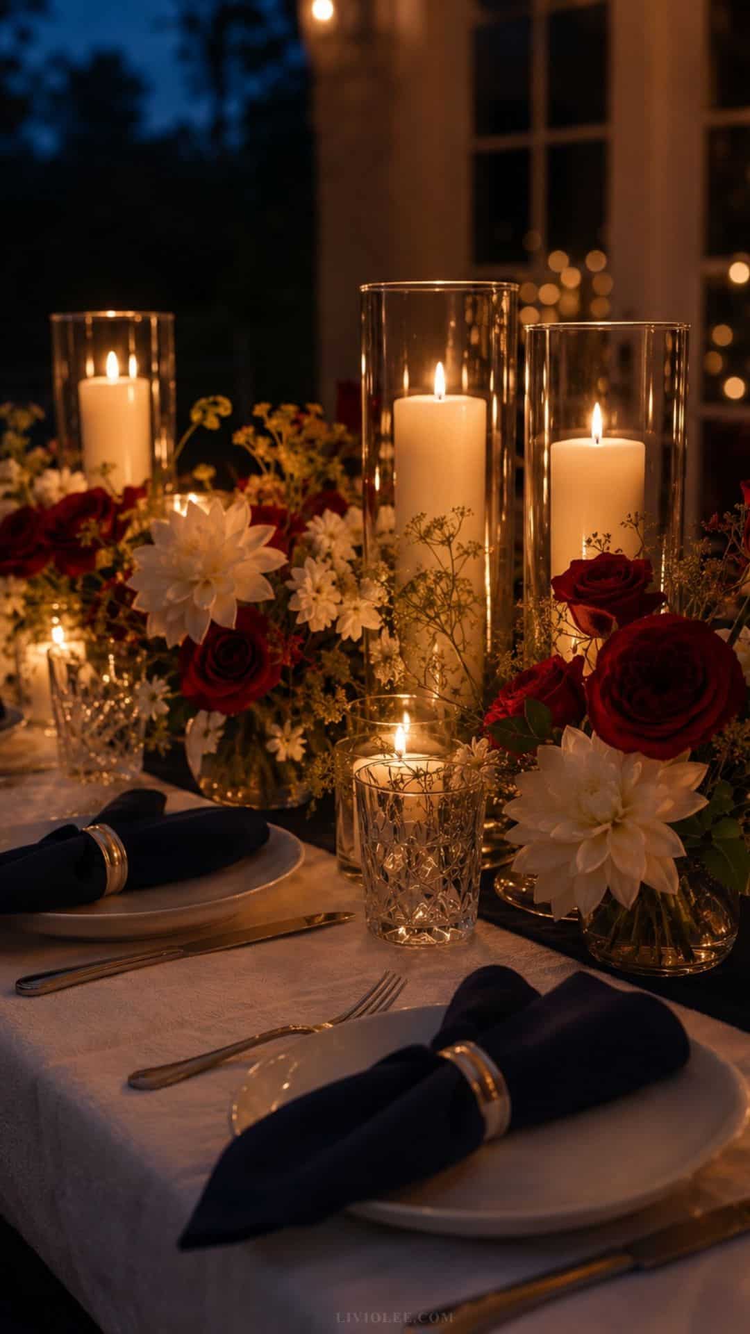 A Memorial Day dinner table by candlelight — white pillar candles, red garden roses, and deep navy napkins