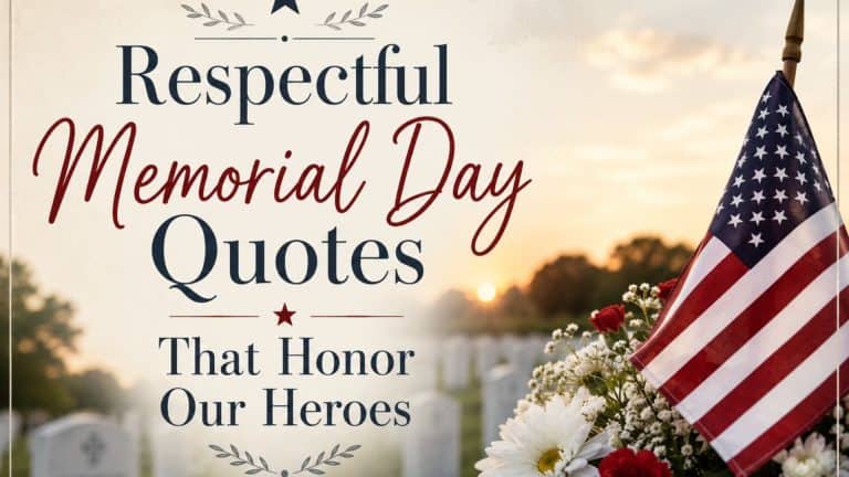 Memorial Day graphic featuring an American flag beside red and white flowers in a peaceful military cemetery at sunset