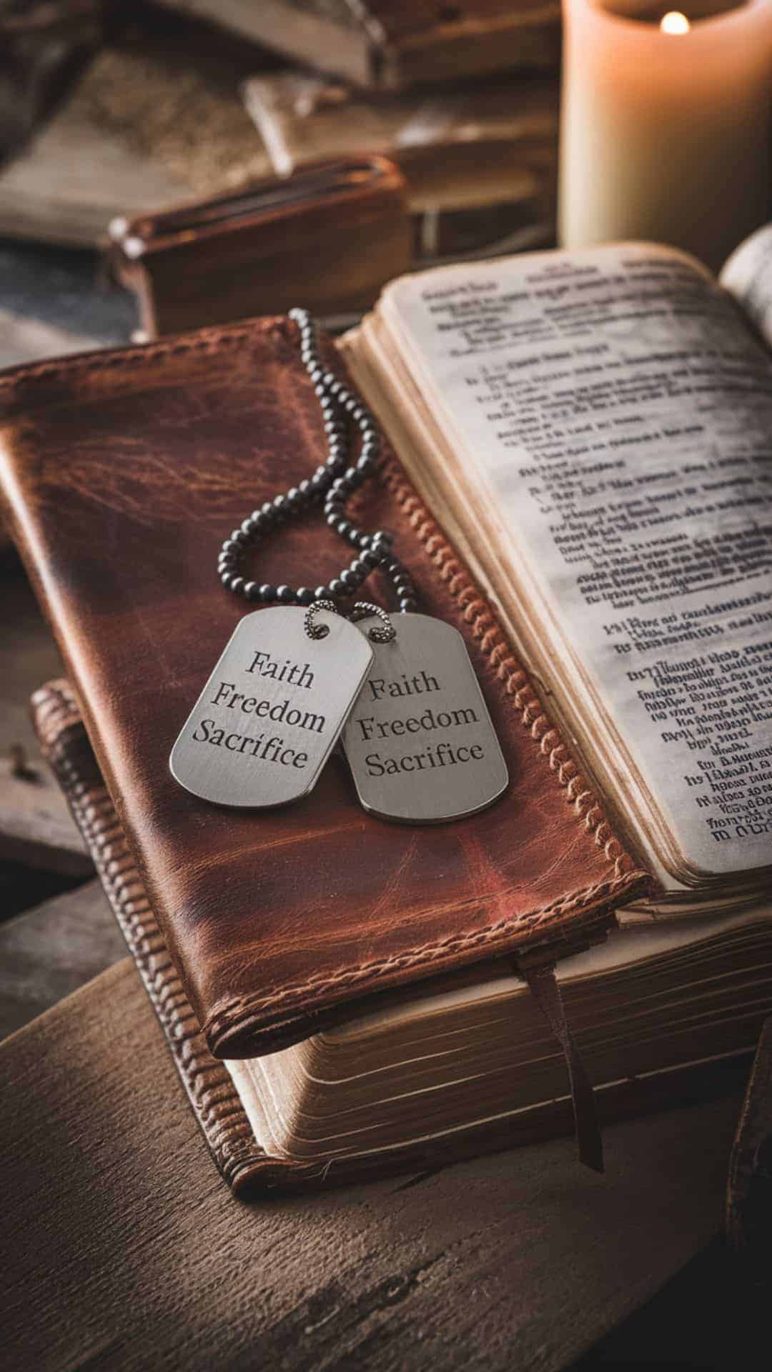 Memorial Day remembrance image featuring military dog tags engraved with “Faith, Freedom, Sacrifice” resting on a leather-bound Bible