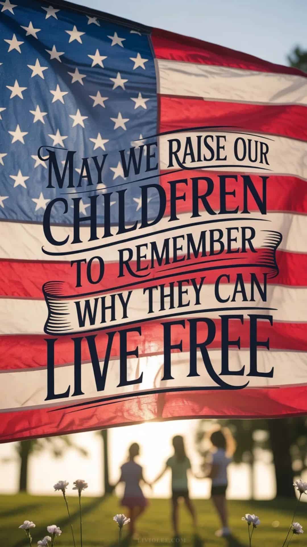 Patriotic Memorial Day image featuring a large American flag and children holding hands in the background at sunset.