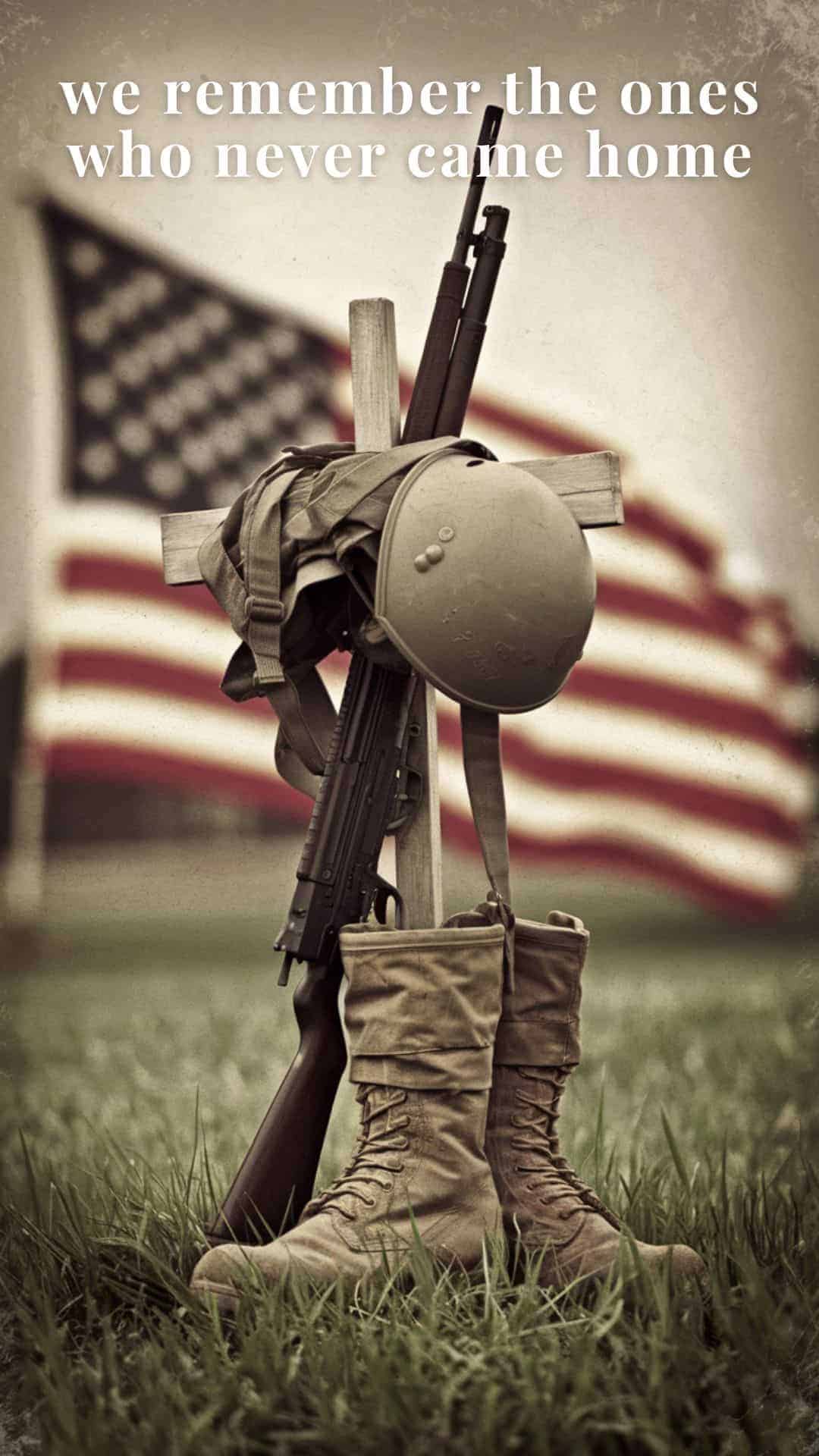 Memorial Day tribute image showing a fallen soldier memorial with combat boots, helmet, and rifle beside a blurred American flag