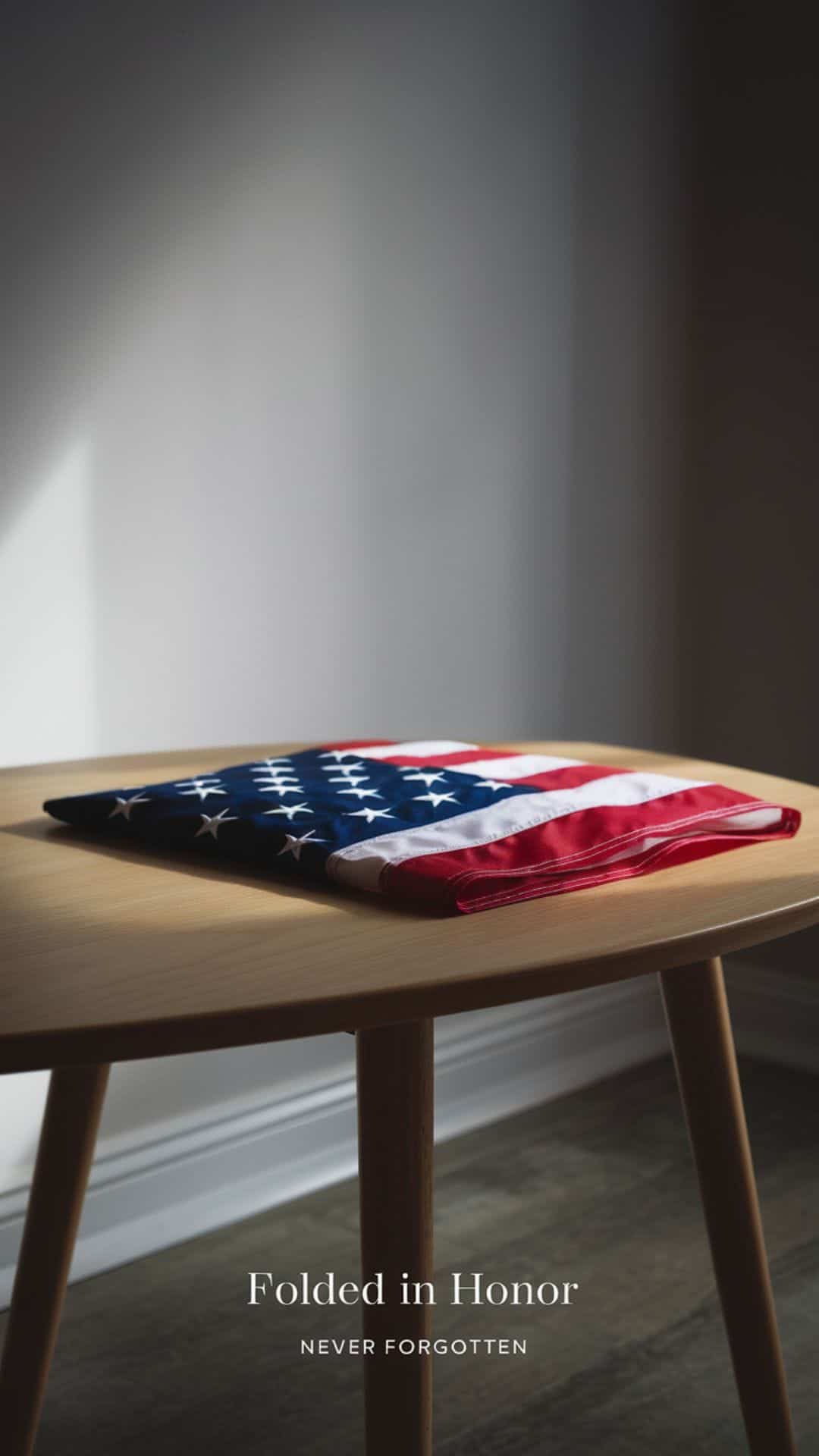 Minimal Memorial Day image featuring a folded American flag resting on a wooden table