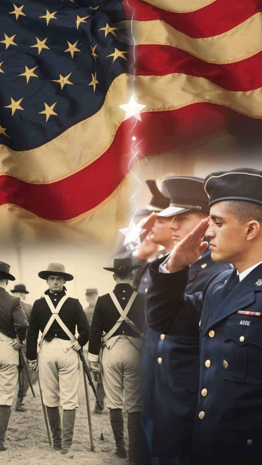 Patriotic Memorial Day collage featuring a waving American flag, historic soldiers, and modern military personnel saluting
