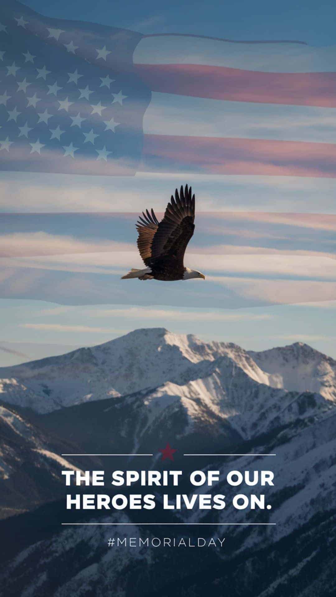 Patriotic Memorial Day image featuring a bald eagle flying over snow-covered mountains beneath a faded American flag