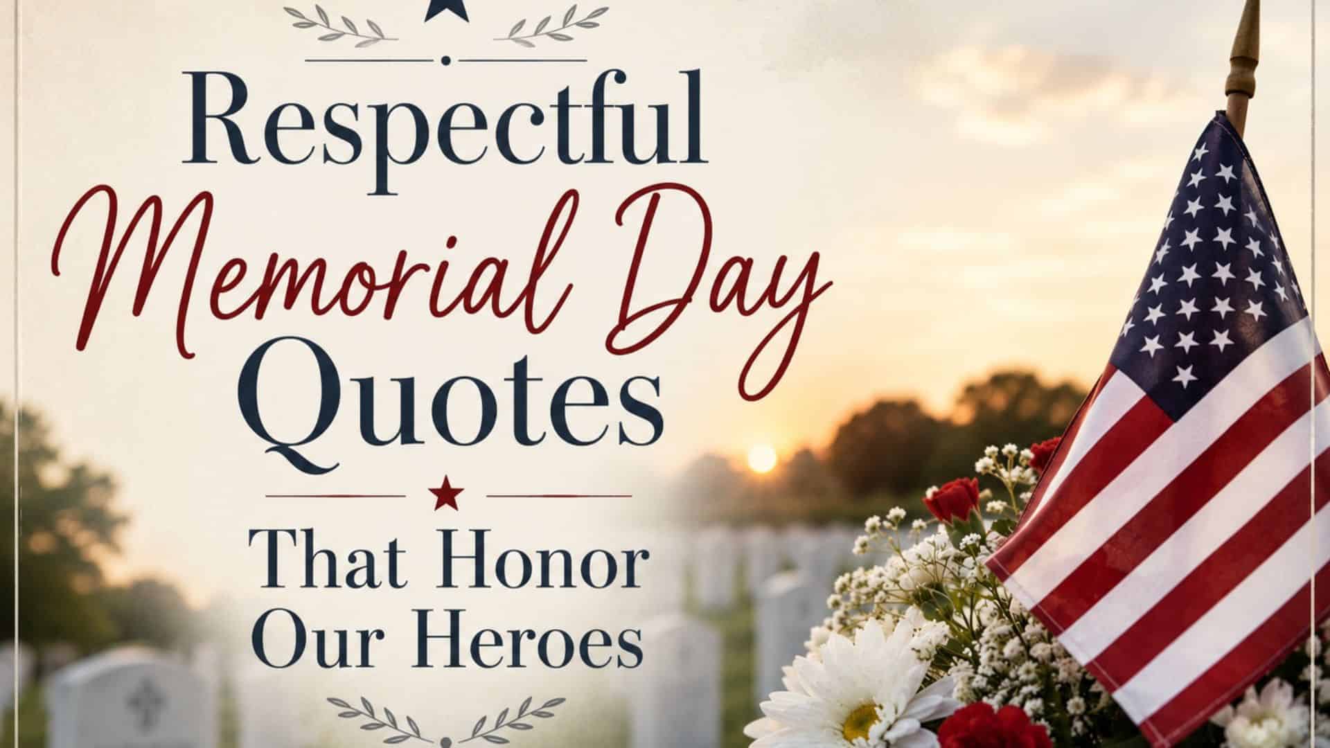 Memorial Day graphic featuring an American flag beside red and white flowers in a peaceful military cemetery at sunset