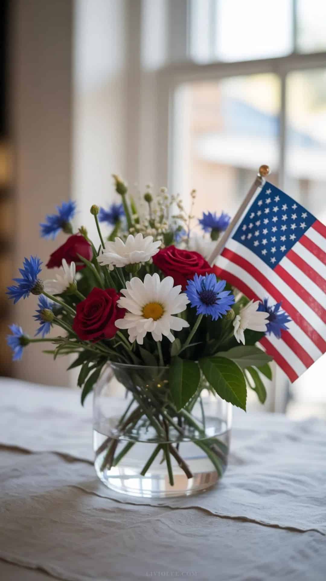 A loose floral arrangement of red roses, white daisies, and blue cornflowers in a clear glass vase