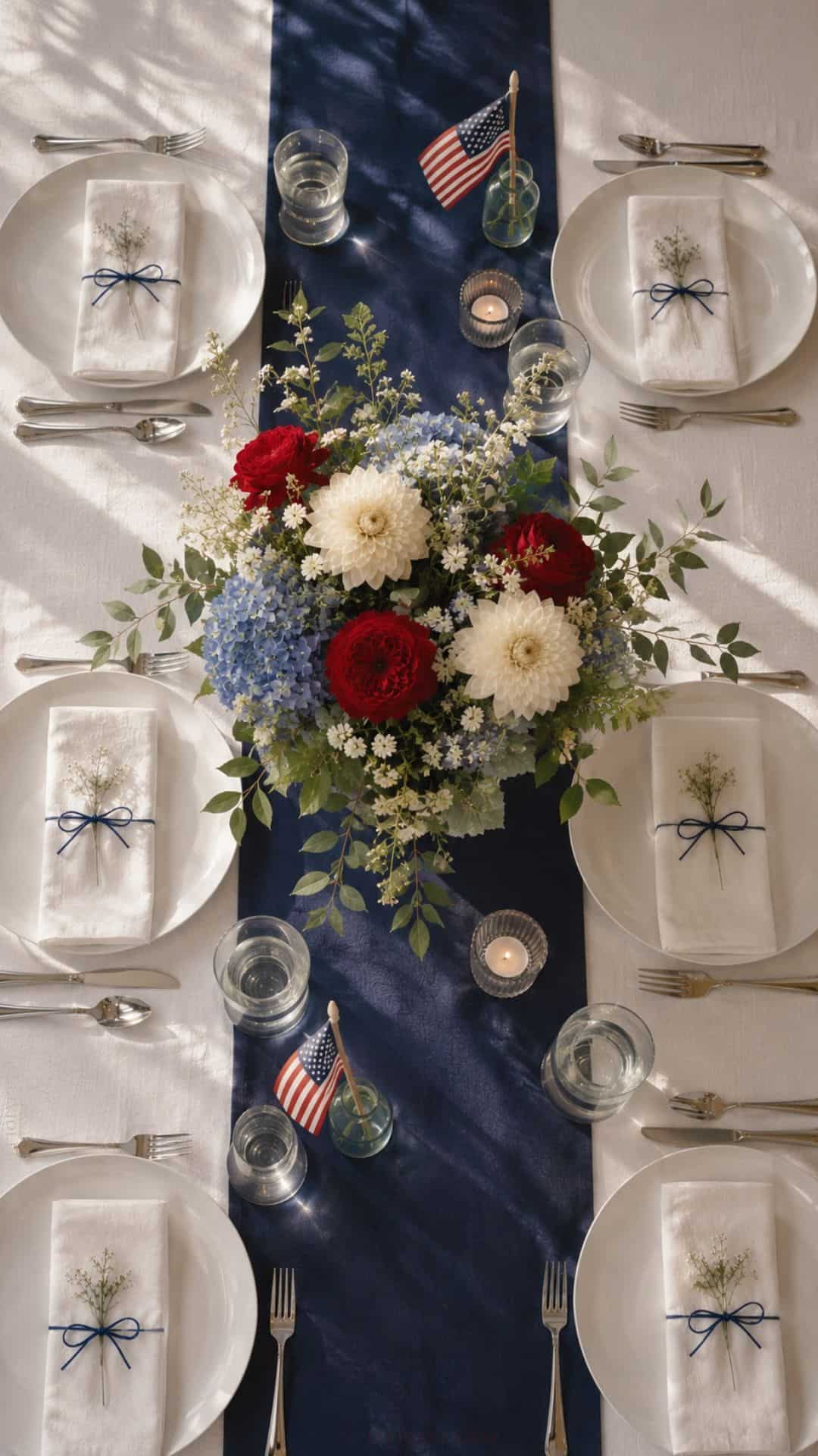Memorial Day table setting with white linen, a navy runner, and a loose floral centerpiece of red roses, white dahlias, and blue hydrangeas.