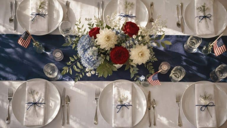 Memorial Day table setting with white linen, a navy runner, and a loose floral centerpiece of red roses, white dahlias, and blue hydrangeas.