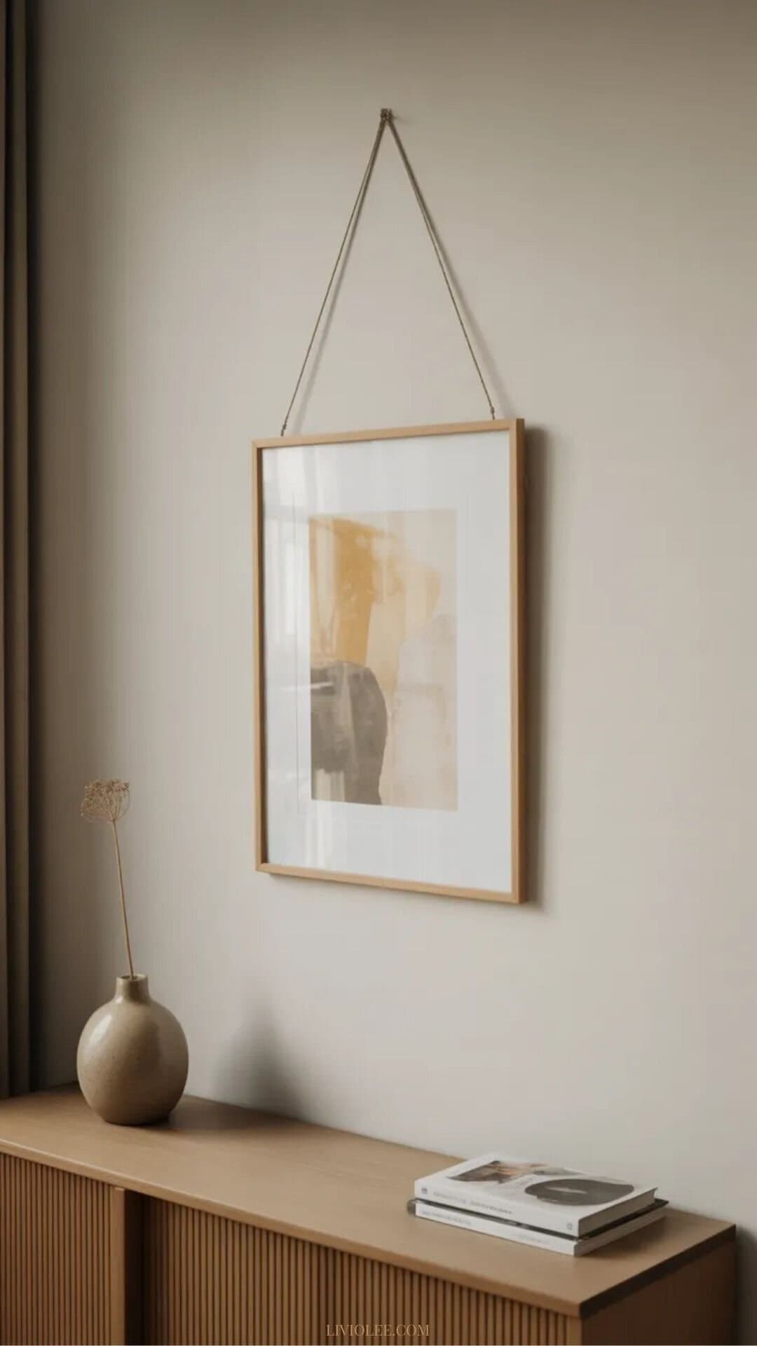 Minimalist wall art in a natural oak frame hanging above a warm timber console table. A simple abstract print in soft cream, oatmeal, and warm grey tones is paired with a ceramic vase holding a dried stem and a small stack of neutral-colored books